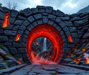 Mur, Wodospad, Skały, Widok, Ognie, Łuk, AI, Żarzące