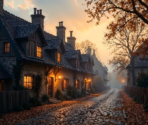 Domy, Grafika AI, Jesień, Mgła, Droga