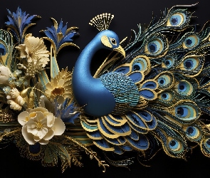 Kwiaty, Paw, Grafika, Ptak