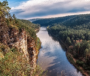 Drzewa, Las, Rzeka, Wzgórza