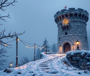 Śnieg, Schody, Zima, Wieża