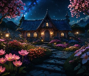 Kwiaty, Drzewa, Dom, Grafika, Oświetlony, Noc