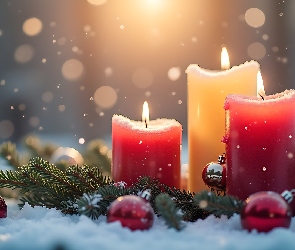 Śnieg, Bombki, Stroik, Grafika, Gałązki, Boże Narodzenie, Świece