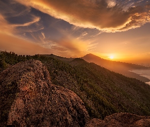 Zachód słońca, Morze, Teneryfa, Hiszpania, Park Narodowy Teide, Góry