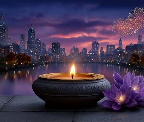 Kwiaty, Znicz, Rzeka, AI, Fajerwerki, Miasto, Wieżowce