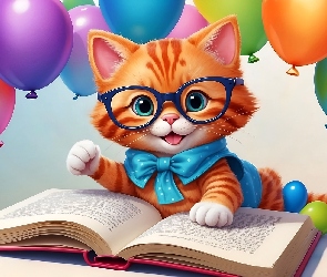 Balony, Książka, Kotek, Okulary