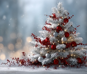 Grafika AI, Bombki, Choinka, Boże Narodzenie, Białe, Czerwone