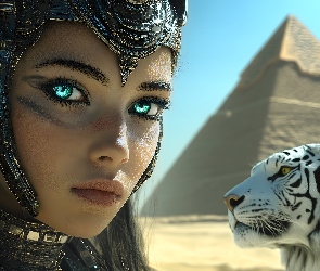 Hełm, Grafika, Piramidy, Tygrys, Kobieta