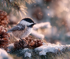 Szyszki, Grafika AI, Zima, Sosna, Sikorka czarnogłówka