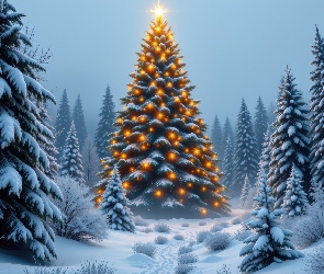 Zima, Boże Narodzenie, Choinka, AI, Śnieg, Rozświetlona, Las, Ośnieżone, Świerki