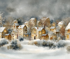 Choinki, Grafika AI, Zima, Śnieg, Domy