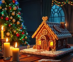 Choinka, Świece, Piernik, Domek, Boże Narodzenie