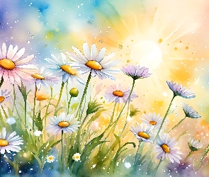 Słońce, Grafika, Margerytki, Kwiaty