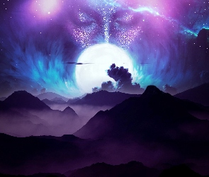 Góry, Gwiazdy, Twarz, Mgła Fantasy, Księżyc, Fantasy, Mgławica