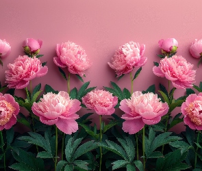Tło, Różowe, Różowe, Kwiaty, Piwonie, Liście