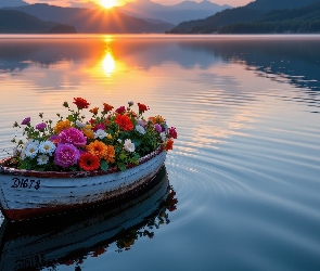 Jezioro, Kwiaty, Kolorowe, Łódka, Zachód słońca