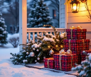 Drzewa, Ośnieżone, Taras, Boże Narodzenie, Lampa, Zima, Prezenty