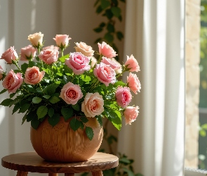Okno, Stolik, Róże, Kwiaty, Bukiet, Wazon