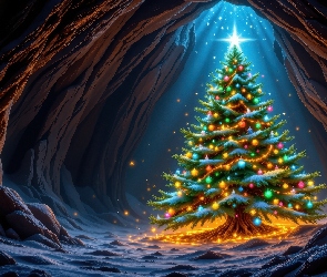 Skały, AI, Choinka, Boże Narodzenie, Jaskinia