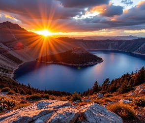 Góry, Promienie słońca, Skały, Zachód słońca, Rośliny, Jezioro, AI, Drzewa