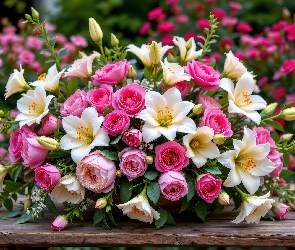 Róże, Bukiet, Kwiaty, Piwonie, Ogród, Lilie, AI, Stolik