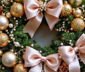 Grafika AI, Boże Narodzenie, Złote, Wieniec, Bombki, Kokardy
