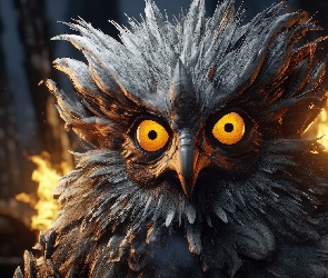 Sowa, Żółte, Oczy, Nastroszona, Grafika AI