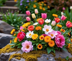 Dalie, Gerbery, Kwiaty, Tulipany, Kamienie, Róże, Mech, Liście