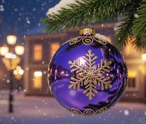 Bombka, Boże Narodzenie, Ośnieżona, Gałązka, Fioletowa