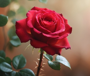 Czerwona, Listki, Zielone, Róża, Rozkwitająca