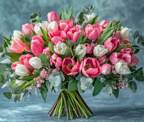 Różowe, Listki, Tulipany, Białe, Bukiet