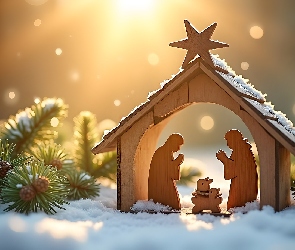 Śnieg, Gałązki, Drewniany, Grafika, Stajenka, Boże Narodzenie, Żłóbek
