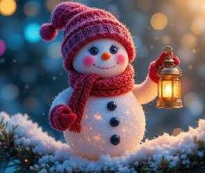 AI, Gałązka, Latarnia, Śnieg, Bałwan, Światło, Czapka, Szalik, Zima, Uśmiech