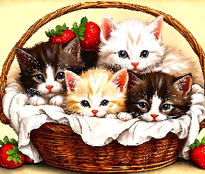 Grafika, Truskawki, Cztery, Małe, Kotki, Koszyk