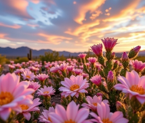 Kaktusy, Grafika AI, Niebo, Pustynia, Kwiaty