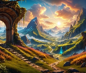 Roślinność, Schody, Góry, Fantasy, Łuk, Grafika, Budowla