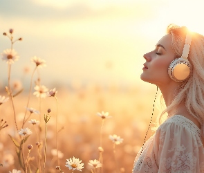 Kwiaty, Słuchawki, Kobieta, Blondynka