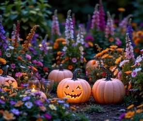 Dynie, Podświetlane, Kolorowe, Halloween, Żółte, Ogród, Kwiaty