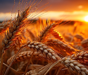 Pole, Zachód słońca, Kłosy, Pszenica, Zboże