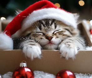 Pudełko, Mikołaja, Szary, Bombki, Czapka, Mały, Kot