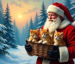 Las, Koty, Mikołaj, Zima, Koszyk, Rude