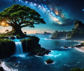 Skały, Noc, Morze, Wodospady, Droga Mleczna, Drzewo, Fantasy, Gwiazdy