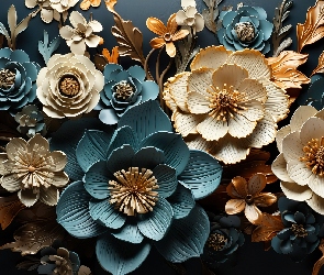 Grafika, Gałązki, Niebieskie, Białe, Kwiaty, Listki