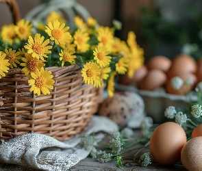Kwiaty, Jajka, Tkanina, Koszyk, Żółte