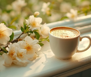 Okno, Kwiaty, Kawa, Filiżanka, Kompozycja