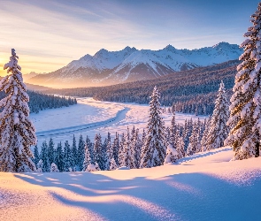 Grafika AI, Wschód słońca, Drzewa, Zima, Dolina, Góry