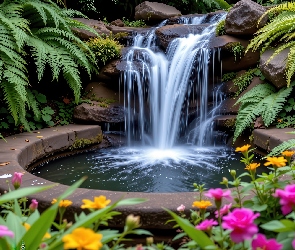 Paprocie, Wodne, Wodospad, Grafika, Oczko, Ogród, Kaskada
