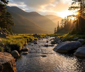 Grafika AI, Promienie słońca, Kamienie, Rzeka, Drzewa, Góry
