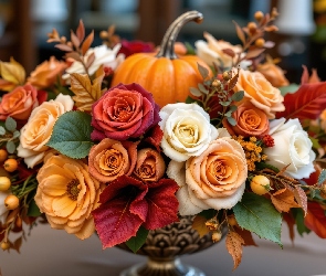 Grafika AI, Bukiet, Róże, Kwiaty, Dynia, Jesienny