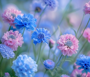 Kwiaty, Rozkwitnięte, Niebieskie, Różowe